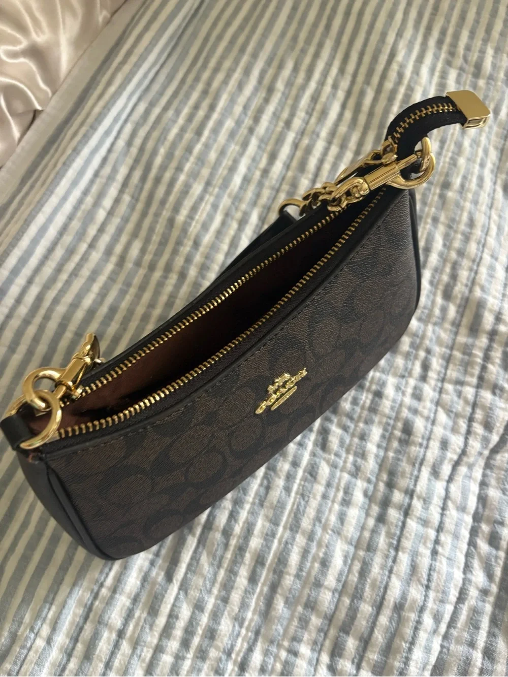 Coach Brown Signature Canvas Shoulder Bag with Gold Hardware